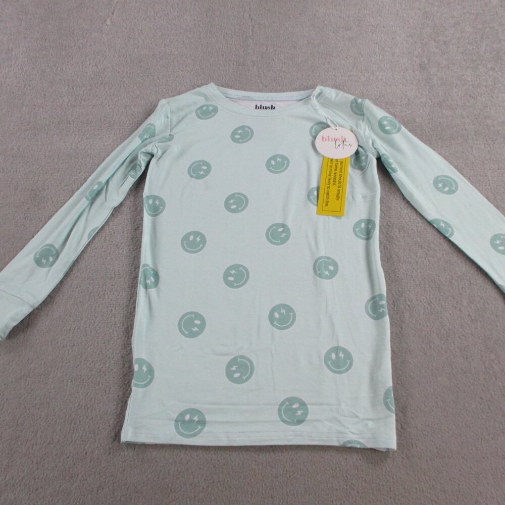 Blush Lotus Bamboo Pajama Set Girls 9/10 Blue Smiley Face Print Soft Lounge - Picture 2 of 9